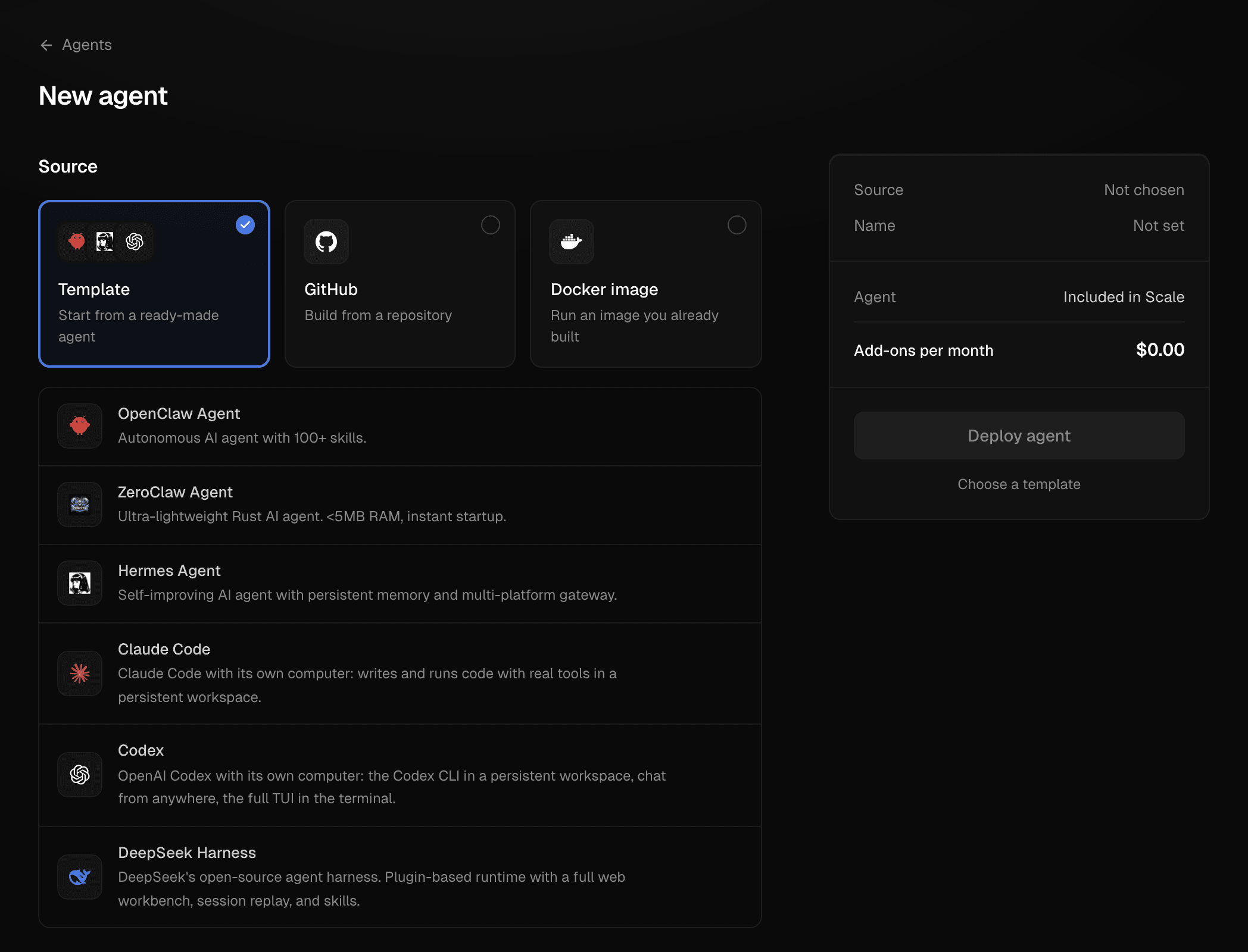 The New agent page in the Maritime dashboard with the Template tab open