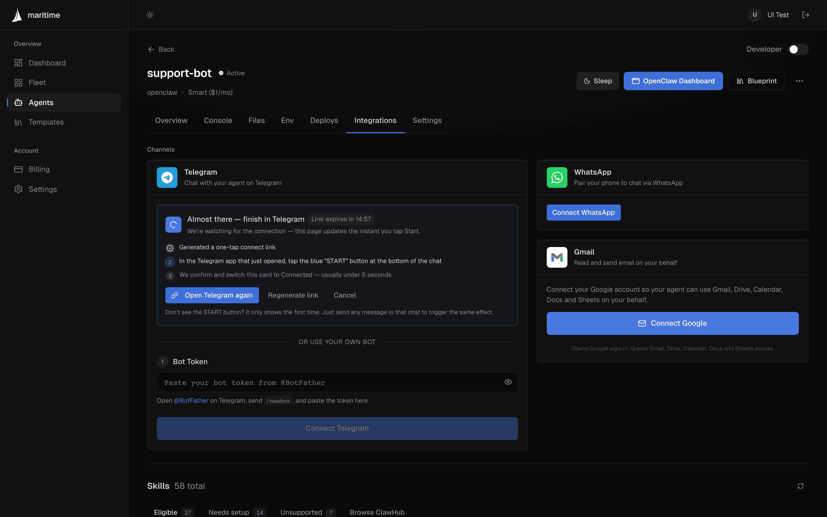 The agent's Channels tab showing Telegram, WhatsApp, and Gmail connections
